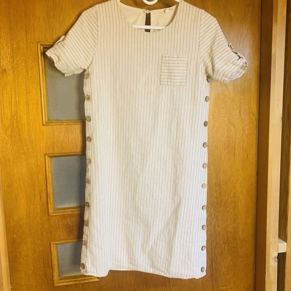 Linen Cotton Blend Dress (S) - Hidden Alley Beige Stripe Buttons Boho Teacher